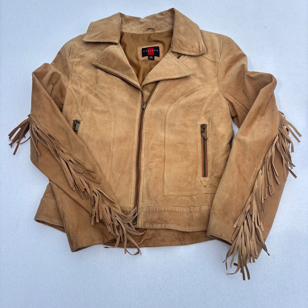 Gallery Vintage Womens Tan Genuine Leather Fringe Western Moto Jacket Size M